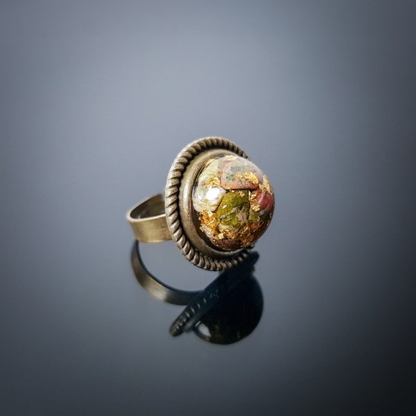 Unakite Orgonite Ring/ Adjustable Ring Handmade With 24K Gold, EMF Protection Amulet, Unique Unakite Statement Ring, Protection Talisman