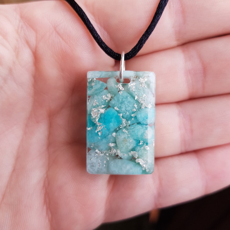 Harmony Amazonite Orgonite Necklace - Handcrafted Healing Pendant with Silver image 1
