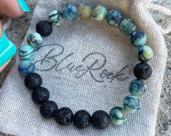 natural chrysocolla, black lava stone, beaded bracelets