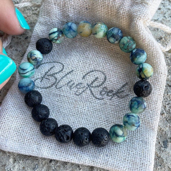 natural chrysocolla, black lava stone, beaded bracelets
