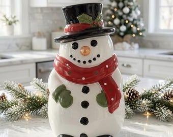 Vintage Hand Made Hand Painted Christmas Village "Musical Snowman" Ceramic Cookie Jar Holiday Treat Canister By AMC NY NY Earthenware Rare
