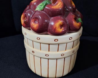 Vintage Hand Painted Ceramic Apple Basket Cookie Jar With Rubber Seal 1990&#39;s