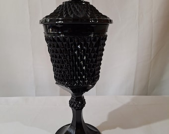 Vampire Apothecary Black Glass Diamond Point Pattern Vintage Indiana Pedestal Milk Glass Style Gothic Candy Jar Witch Glass Rare