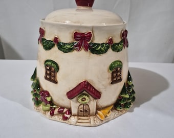 ヴィンテージ 極めて希少 クリスマス ハンドメイド 手描き「クリスマス ジンジャーブレッド」セラミック クッキージャー Jingles and Joy クリスマス ハウス ビレッジ製