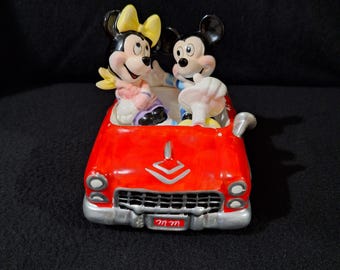 Rare Disney Schmid Mickey And Minnie Mouse Car Musical Ceramic Figurine Music Box