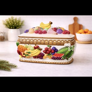 Vintage 1970's KK Merchandise Ceramic Embossed Bread Box Tropical Fruit Collection 3-D Extremely Rare And Hard To Find Cannister Otagiri