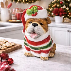 Christmas British Bulldog Cookie Jar/Canister Dog Treats/Biscuits/Milk bones By Blue Sky "RARE" English Bulldog