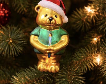 Vintage and Rare Four Star International Blown Glass "Christmas Bear" Holiday Heirlooms Christmas Ornament 6" Retired