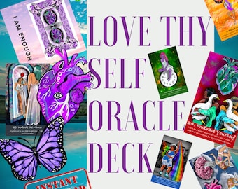 以下が含まれることがあります： 紫色の「LOVE THY SELF ORACLE DECK」というテキストが入ったオラクルカードのコレクション。カードには蝶、心臓、人物のイラストが描かれており、「I AM ENOUGH」と「INSTANT DOWNLOAD」という言葉が見えます。