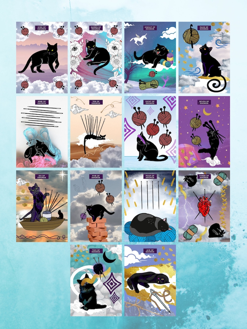 以下が含まれることがあります： 黒猫と毛糸玉が描かれた、幻想的でカラフルなデザインのタロットデッキ。各カードには、ユニークなポーズと背景を持つ異なる猫が描かれています。カードはローマ数字で番号が付けられ、剣のマークが付けられています。