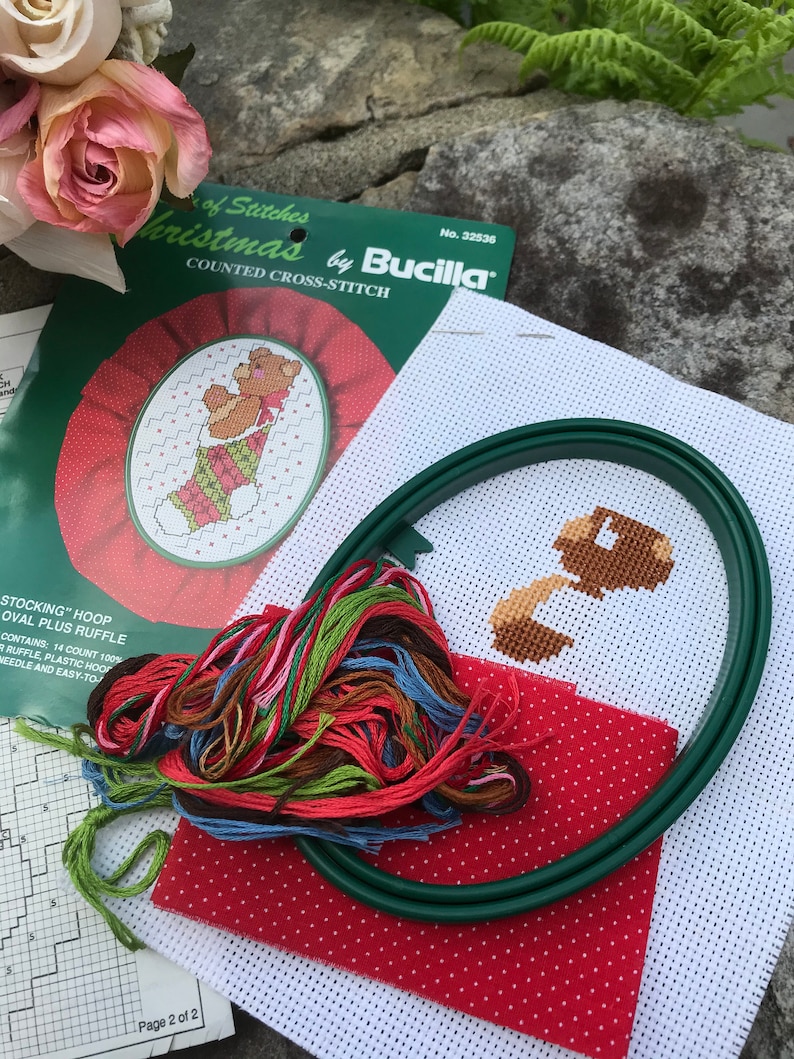 Bucella Cross Stitch Kit Christmas Counted Cross Stitch Bear in Stocking Hoop DIY Craft Small Counted Cross Stitch Bear