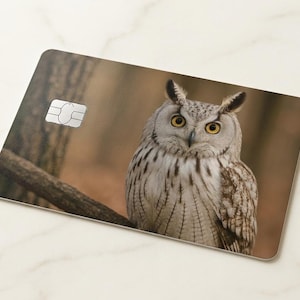 May include: A rectangular card featuring a detailed image of an owl with yellow eyes and a white and brown feathered body. The owl is perched on a branch against a blurred forest background. A silver chip is visible on the card.