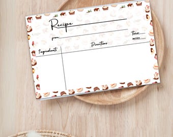 Recipe Card PDF, Vintage bakery pattern Recipe Card, 4"x6" retro recipe card template