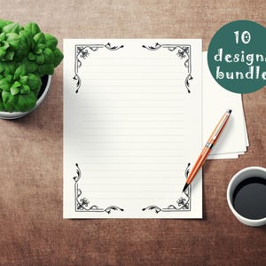 May include: A printable stationery sheet with a black and white floral border design. The sheet has lined paper for writing. The text "10 designs bundle" is in a circle on the right side of the image.