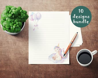 Printable unicorn stationery set, rainbow journal lined unlined writing paper for letters, notes, PDF