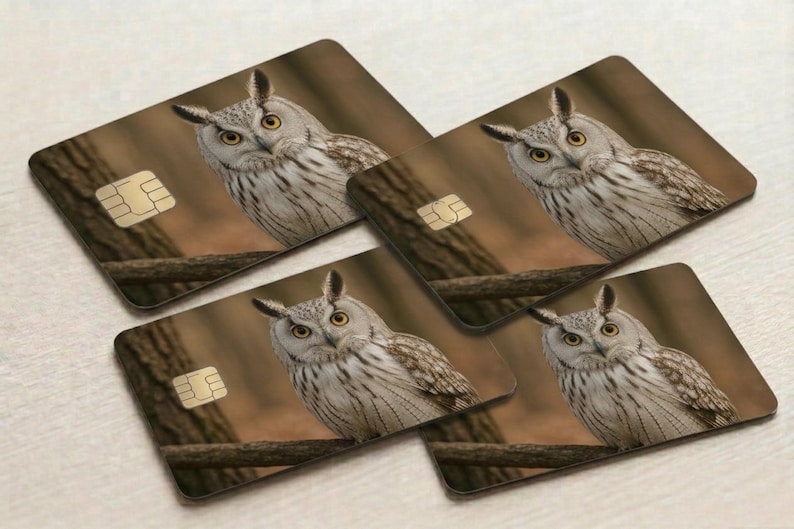 May include: Four rectangular cards featuring a detailed image of an owl perched on a branch. The owl has brown and white feathers, yellow eyes, and is set against a blurred brown background. Each card has a gold-colored chip.