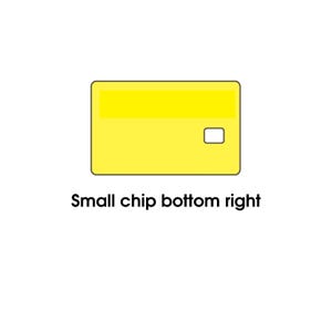 May include: A yellow credit card with a small chip in the bottom right corner. The card has a rectangular shape with rounded corners and a lighter yellow stripe across the top. The text "Small chip bottom right" is below the card.