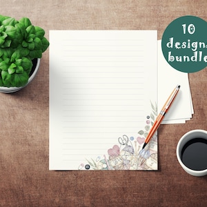May include: A set of 10 printable stationery designs featuring a whimsical illustration of sewing supplies and the text "10 designs bundle".