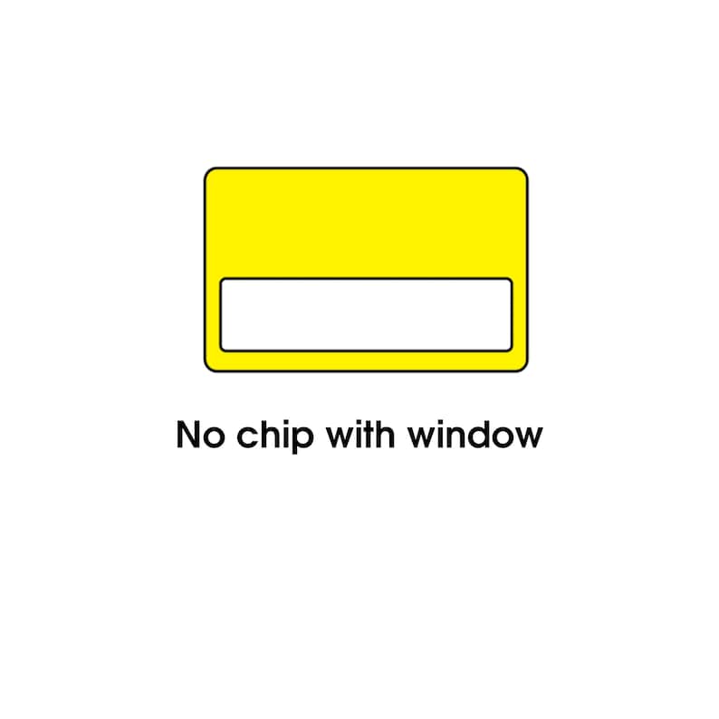 May include: A yellow rectangle with a white rectangular window and the text "No chip with window" in black. The image is on a white background.