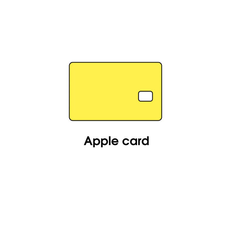 May include: A yellow Apple card with a white cutout on the right side. The card is rectangular with rounded corners and a black outline. The words "Apple card" are printed in black below the card.