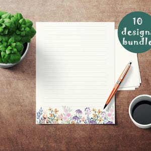 Watercolor flowers printable writing paper stationery set, A4, A5, US letter lined unlined paper sheets