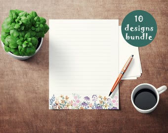 水彩画の花の印刷可能な筆記用紙の文房具セット、A4、A5、USレターの罫線入り罫線なしの紙シート
