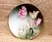 Antique RS Prussia Tulips Cabinet Plate 7.25 quot Porcelain Pink Yellow Victorian Floral Shabby Cottage Chic