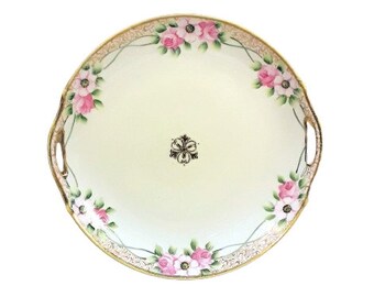 Plato para pastel japonés antiguo pintado a mano con rosas rosas, estilo victoriano shabby chic.