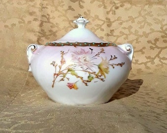 Antique Limoges Victorian Sugar Bowl Hand Painted Porcelain Floral Shabby Cottage Chic
