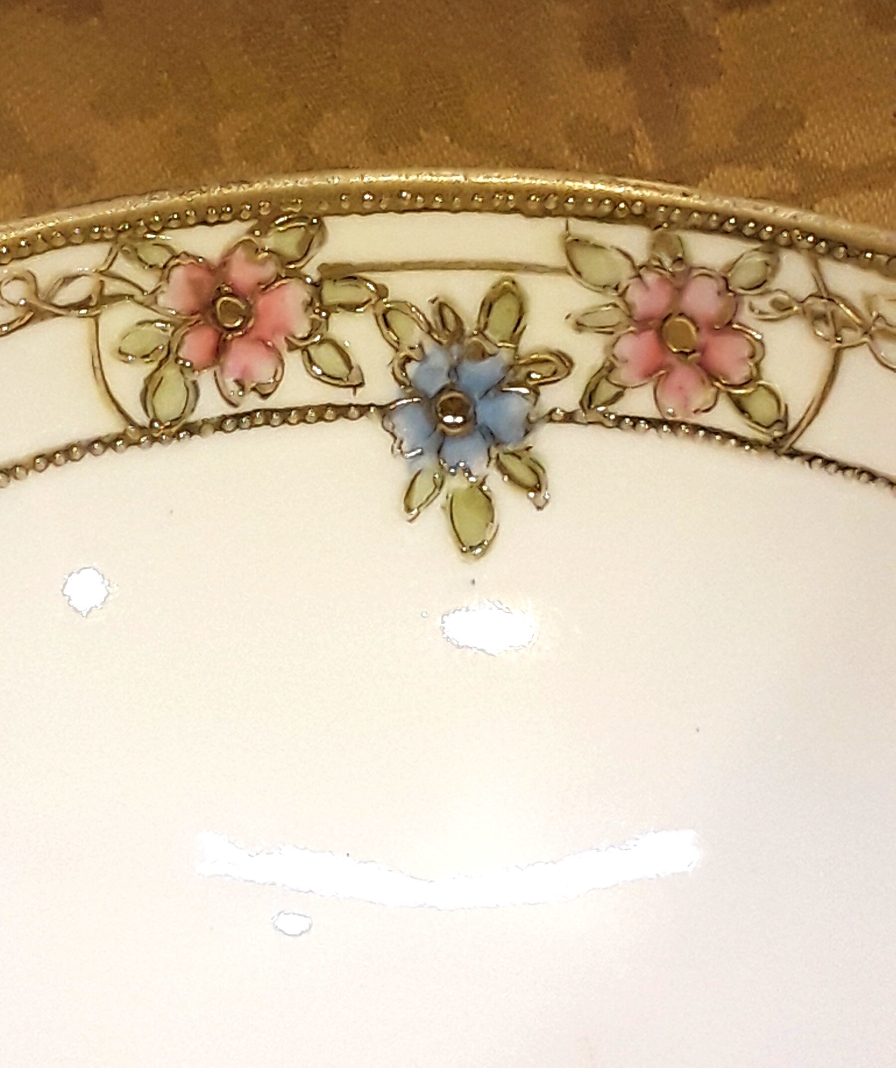 ヴィンテージのニッポン磁器製ボウルと受け皿、ピンクとブルーの花柄