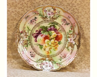 Antique Unmarked German Cake Plate Fruit and Flowers Victorian Shabby Cottage Chic