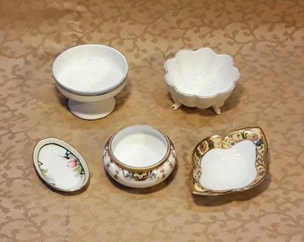 Antique Nippon Salt Dips Assorted Set of Five Hand Painted Porcelain Shabby Cottage Chic