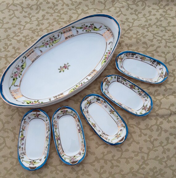 Antique Nippon Porcelain Celery Dish Set, Hand-painted Floral Salt