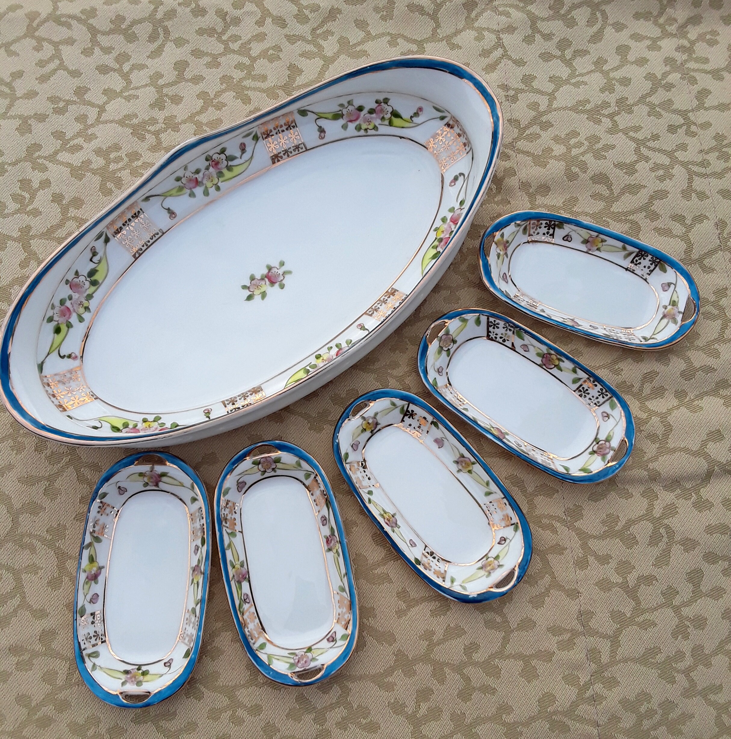 Antique Nippon Celery Dish and Salt Dips Set Hand Painted