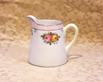 Antique Meito Nippon Creamer Hand Painted Pink Yellow Roses Pink Band Porcelain Shabby Cottage