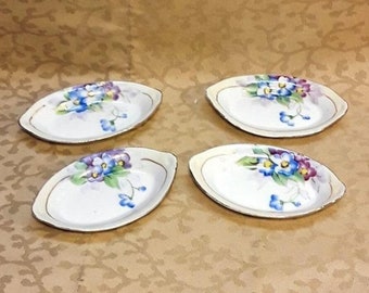 Antique Nippon Salt Dips Set of 4 Hand Painted Blue Purple Flowers Cream Band Porcelain Floral Shabby Cottage Chic