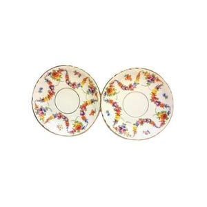 PAIR Vintage 1930s EPIAG Dresden Flowers 9195 Pattern Demitasse Saucers Pair Porcelain Shabby Cottage Chic