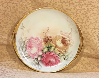 Assiette à gâteau ancienne de Rosenthal, roses roses peintes à la main, cottage minable floral victorien en porcelaine