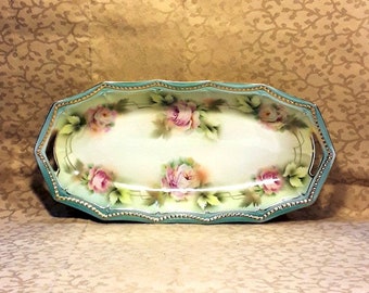 Antique PK Silesia Celery Dish  Victorian Pink Roses Aqua Border Victorian Shabby Cottage Chic