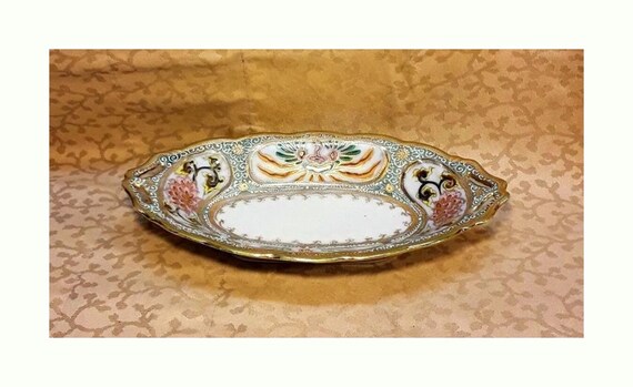 Antique Japan IECO Relish Dish Hand Painted Phoenix Raised Moriage