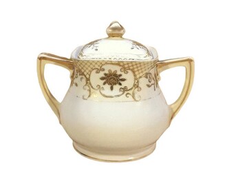 Antieke noritake-suikerpot met gouden korstrozen bloemen- en roosterpatroon