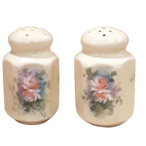 Salière et poivrière nippon antiques, signée IC Clow, porcelaine peinte à la main