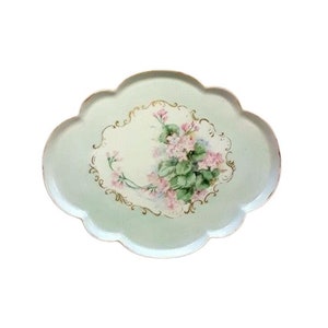 Antique GDA Limoges Vanity Tray Hand Painted Pastel Green Pink Flowers Porcelain Signed L. Kessler Shabby Cottage Chic