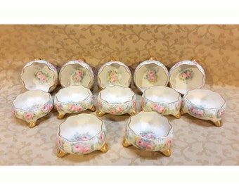 Antique Victorian Salt Dips Set of 12 Hand Painted Porcelain Salt Cellars Pink Roses American Belleek MPD Shabby Cottage Chic