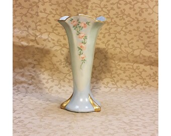 Antique Bud Vase Hand Painted Soft Pink Roses Pastel Blue Floral Victorian Shabby Cottage Chic