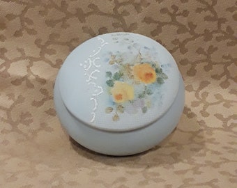 Antique Powder Jar Trinket Box Tapestry Blue Porcelain Hand Painted Yellow Roses Shabby Cottage Chic