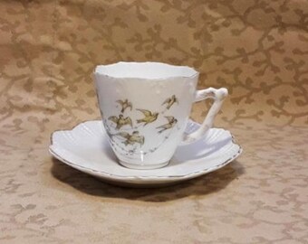 Antique Victorian Demitasse Cup and Saucer Kate Greenaway Girl and Birds Shabby Cottage Chic