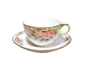 Antique Nippon Single Tea Cup and Saucer Set Hand Painted Pink Roses Green Band Shabby Cottage Chic