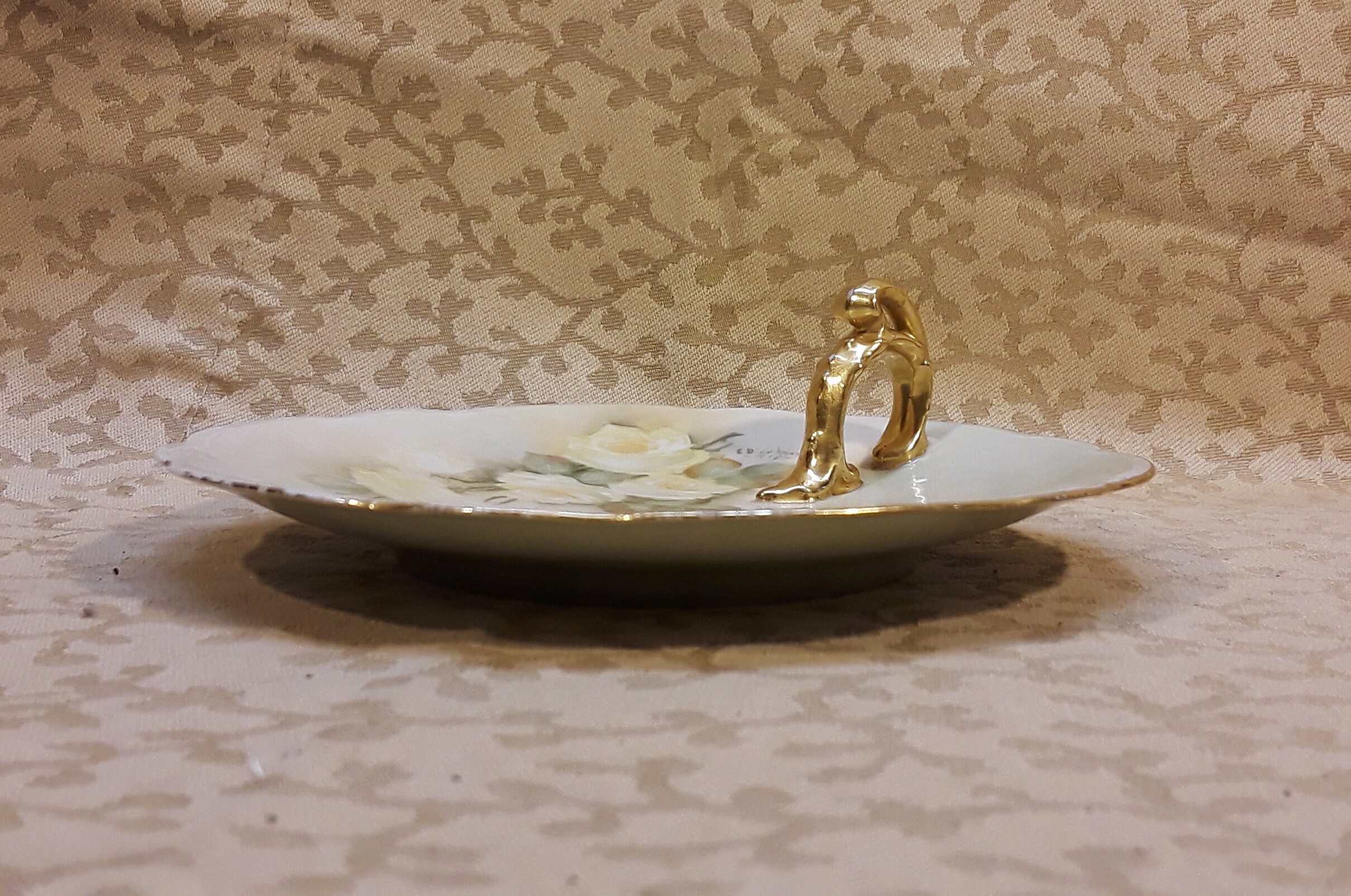 アンティーク MZ オーストリア 手描き磁器 レモントレイ皿 黄色いバラ