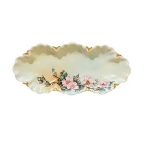 Antique Haviland Limoges Porcelain Celery Dish 12&quot; Victorian Hand Painted Pink Roses Shabby Cottage Chic